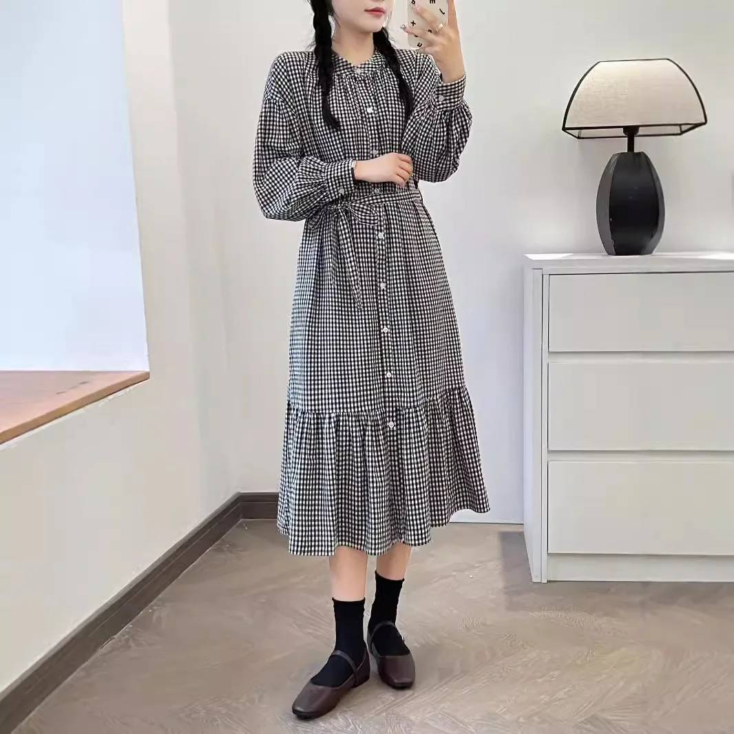 New Summer Cotton Long Sleeve Dresses, Woman Stand Neck Plaid Sash, Mori Girl Sweet Loose Vintage Dress, 2024 Autumn D47691QM