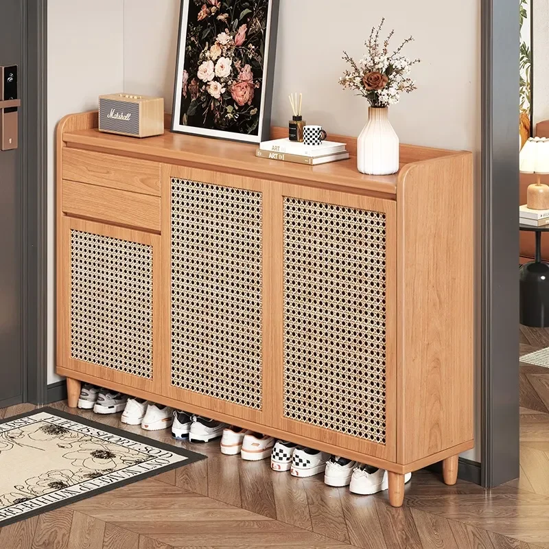 Rattan Shoe Cabinet for Entryway Wabi Sabi Style Large Capacity Multi Layer Storage Shoe Rack Hallway Organizer Home