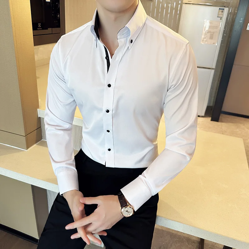 Shirts Men Dress Vertical Solid Color Shirts Slim Men Casual Long Sleeve Shirt Male Chemise Homme Tuxedo Shirt