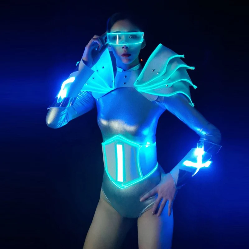 Future Sense LED Pauldron Singer Dancer Stage Costume Outfit Nightclub Gogo Dance Clothes Silver Bodysuit Dj Clubwear VDB5848