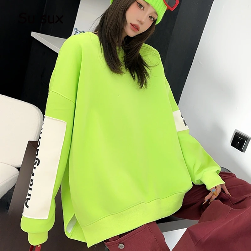 Casual Pullover O Neck Oversized Sweatershirts Women Tops 2025 Spring Autumn Loose Letter Print Patchwork Long Sleeve Top Street