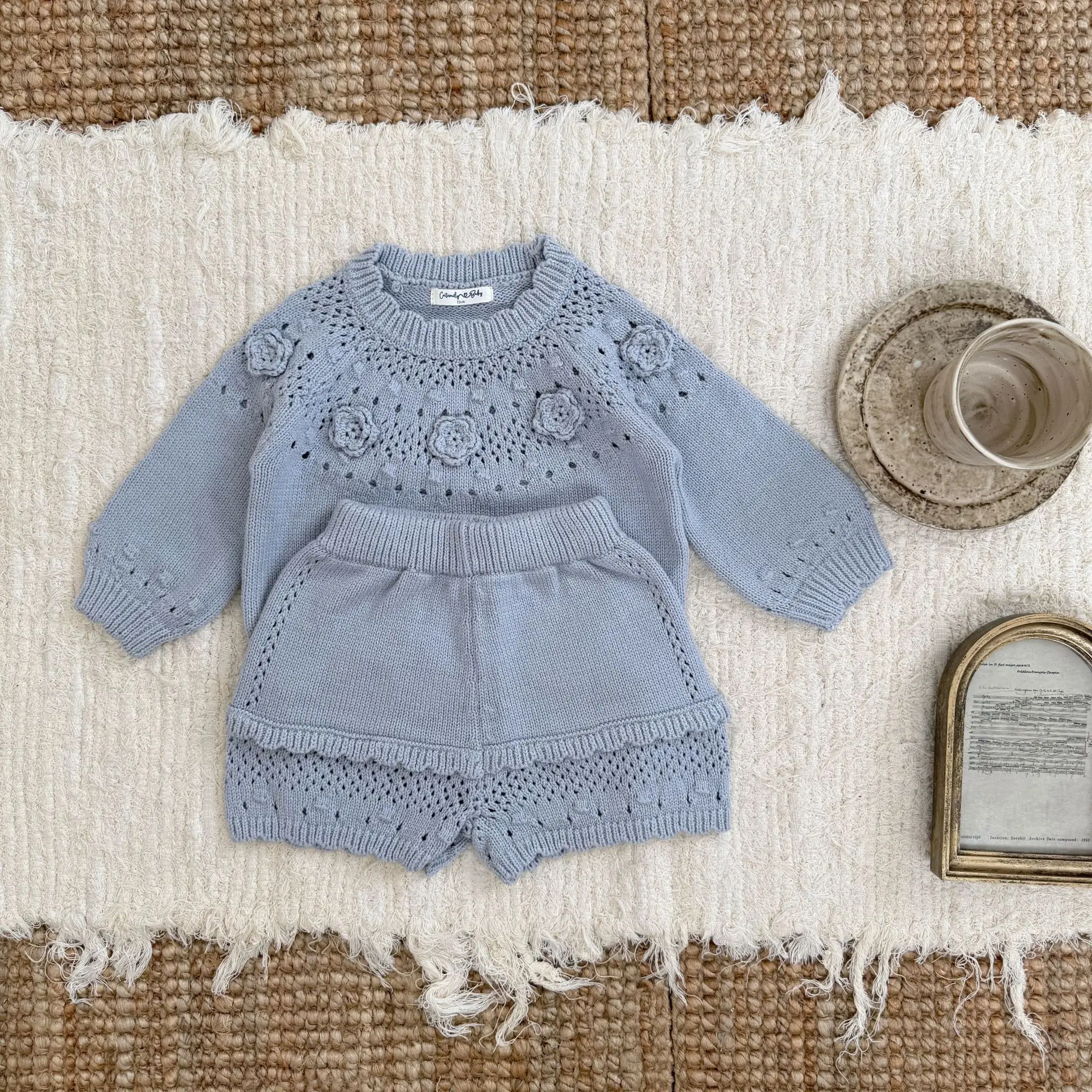 Toddler Girl Clothes AW Ins Baby Girl Hand Crocheted Knitted Sweater Girl Shorts Vest Vest 3 Piece Set