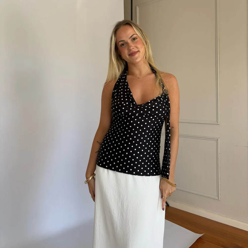 Ins Style Summer Polka Dot V-Neck Camisole Sexy Waist-Cinching Sleeveless T-Shirt 2025