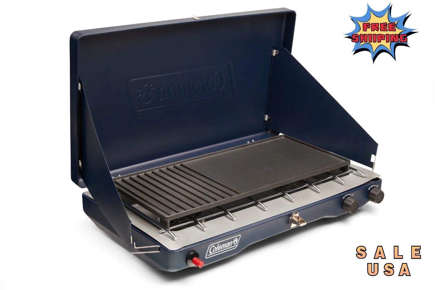 

Portable Classic 3-in-1 2-Burner Camping Stove with Grill and Griddle, Blue Nights