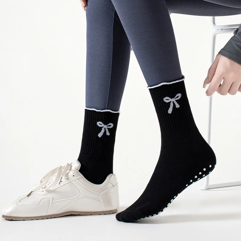 

Черные носки для пилатеса с бантом — женские нескользящие носки для йоги до середины икры для профессиональных тренировок и фитнеса