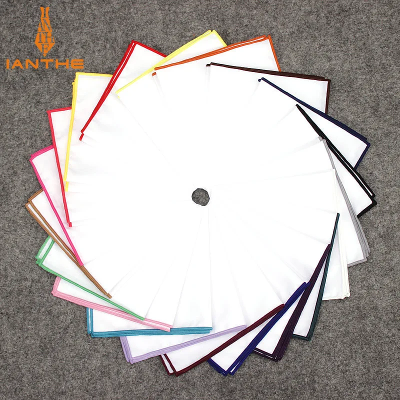 2018 Fashion Mens Cotton White Handkerchief Colorful Rim Pocket Square for Men Women Party Wedding Groom Suits Pocket Hankies