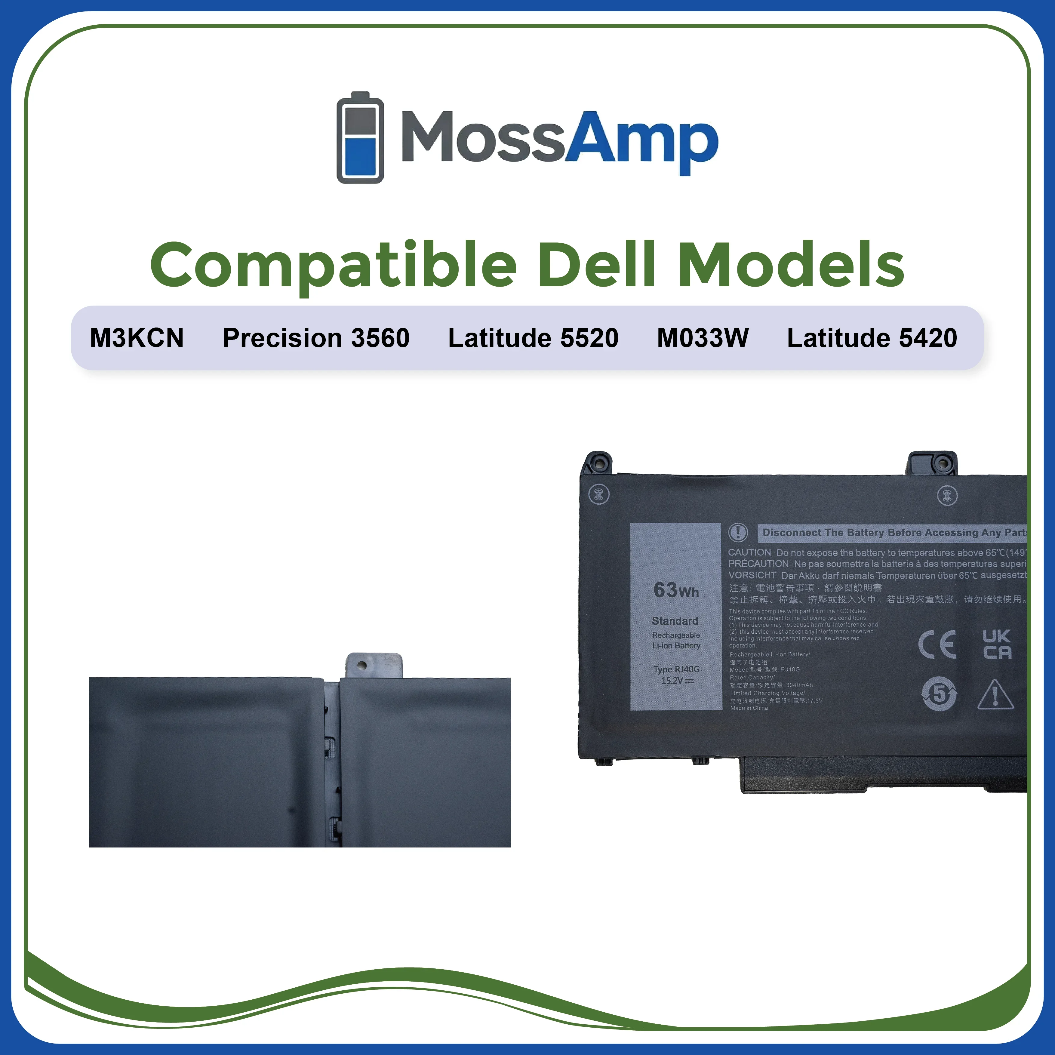 MossAmp 15.2V 63WH RJ40G Laptop Battery for Latitude 5420 5520 Precision 3560 75X16 M033W F3T9T 005R42