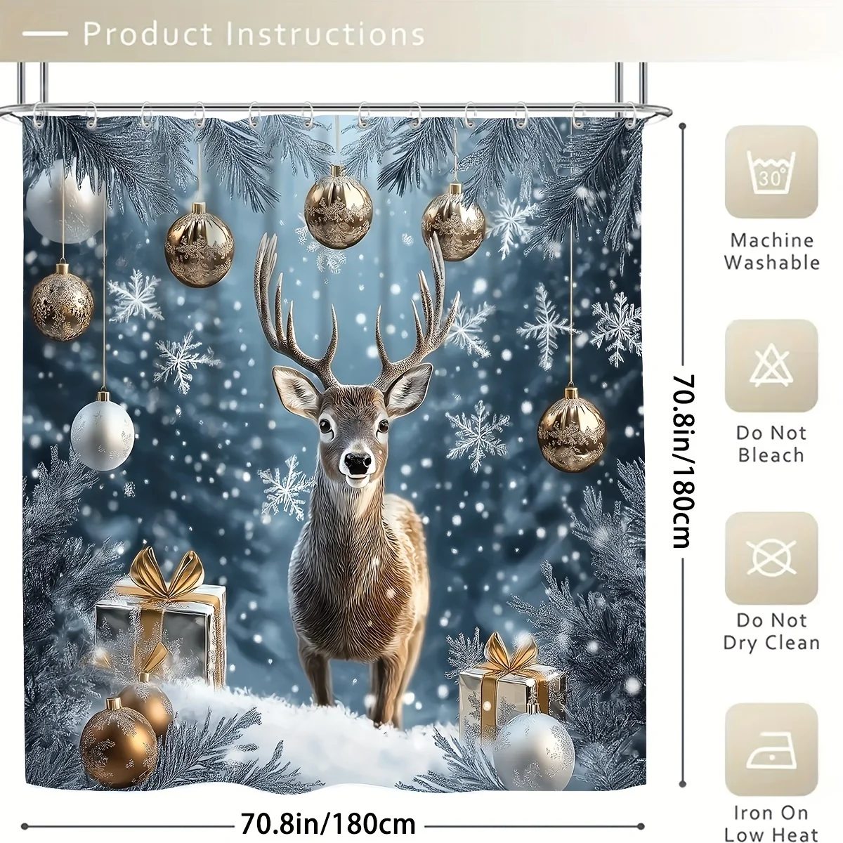 4Pcs Winter Xmas Bath Set, Shower Curtain with 12 Hooks, Non-Slip Mat, Toilet Seat & U-Shaped Cover