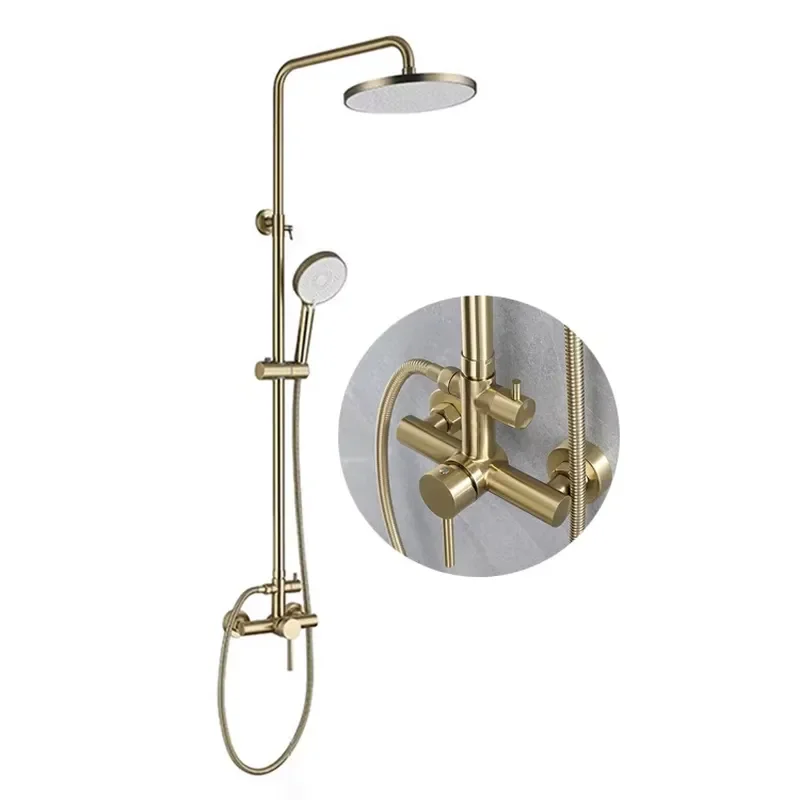 Rain Shower System Set 2 Function Stainless Steel 304 Ss Bathroom Column 2 Way Mixer Brushed Gold 10 Inch Shower Head Large