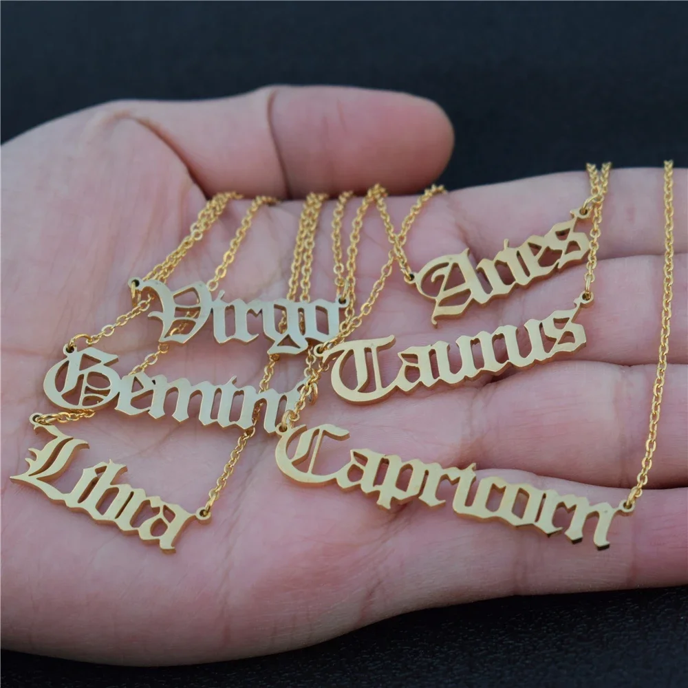 Old English 12 Zodiac Necklace For Women Gold Leo Capricorn Sagittarius Virgo Cancer Gemini Aries Aquarius Letter