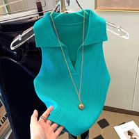 Ice Silk Shirt Women's 2022 Summer Wear Knitted Vest New Style Fashion Slim Lapels Sleeveless Knitwear Women's Tank Top
