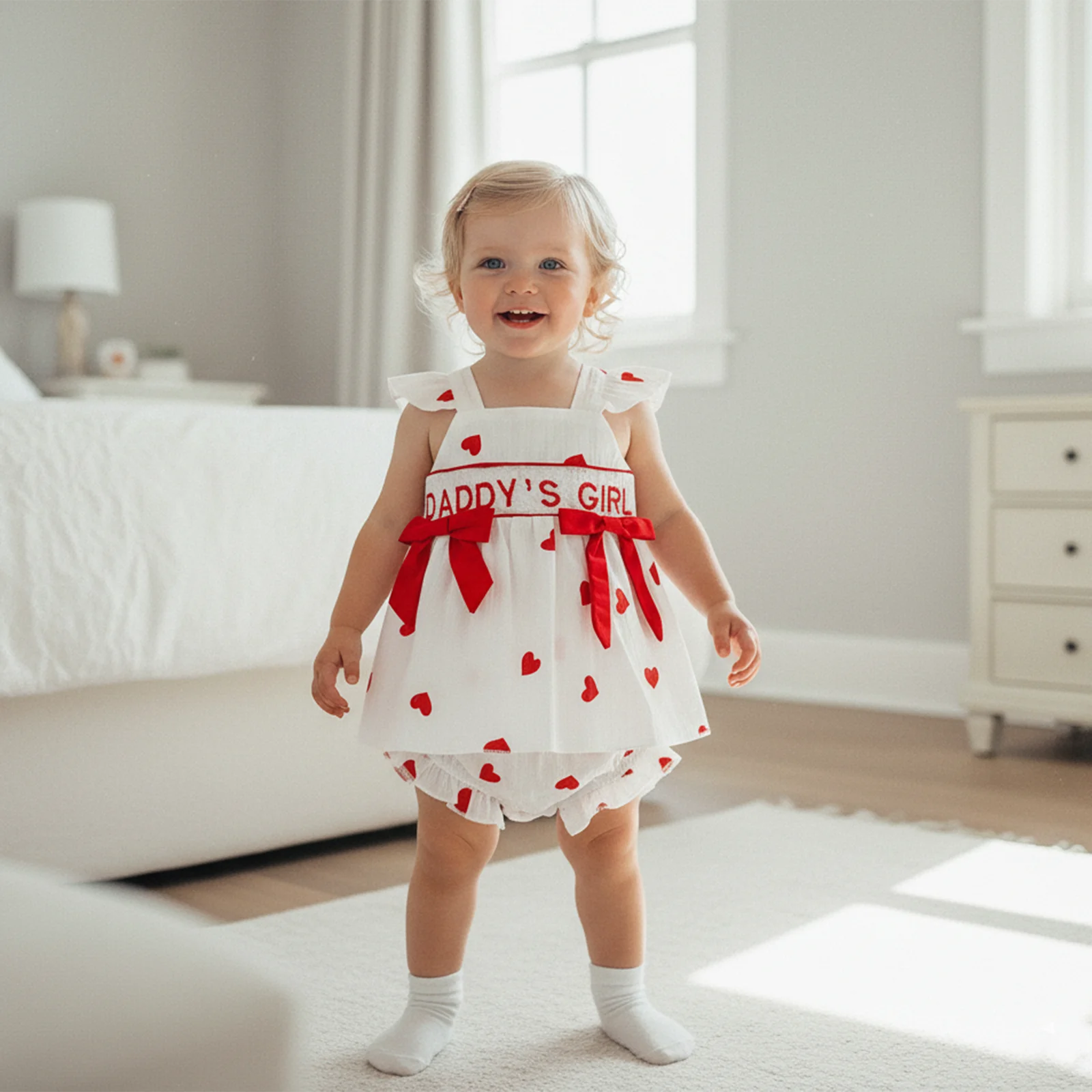 

Blotona Infant Baby Girl Valentine's Day Outfit Square Neck Flying Sleeve Letters Embroidery Tank Tops and Bloomers Shorts