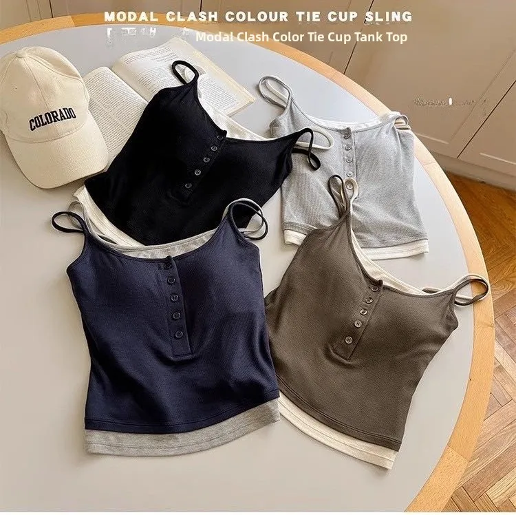 Summer New round Neck Color Block Buttoned Strap Vest Slim Fit Outerwear Integrated with Chest Pad Versatile Short Nylon Cott...