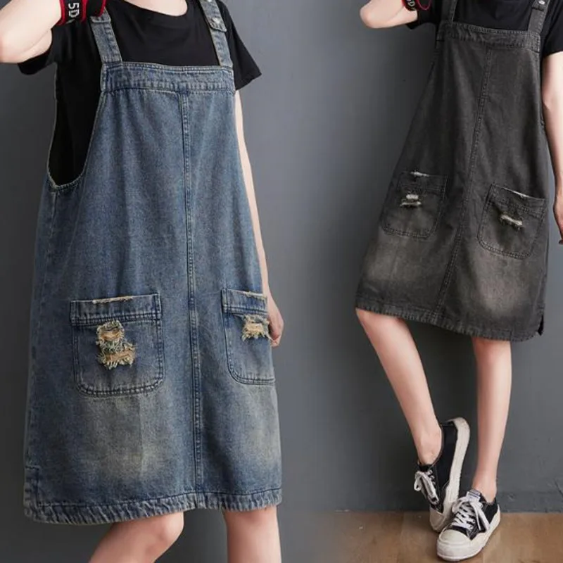 

Streetweart Denim Dress 2024 Summer New Korean Fashion Loose Suspender Jeans Dresses Casual Ripped Hole Cowboy Dress