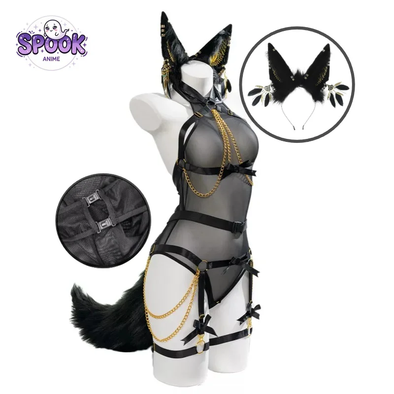 Black Mesh Bodysuit Anubis Costume Full Set Animal Ears Tail Props Halloween Party Convention Private Photography Session Women