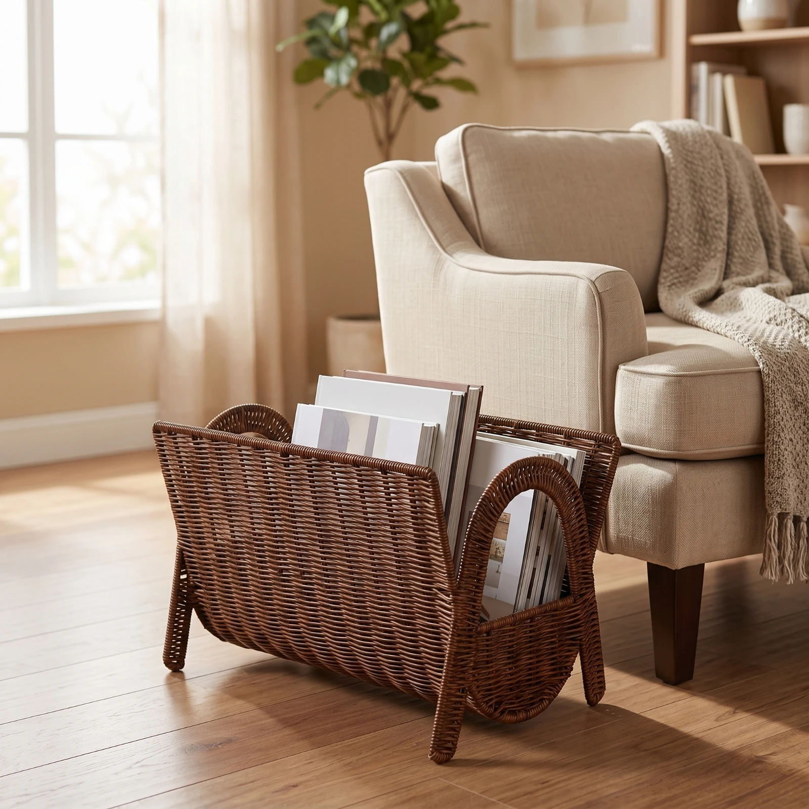 Magazine Storage Basket Rattan Magazine Holder with Handles Book Basket Floor-Standing Farmhouse for Readers, Living Room