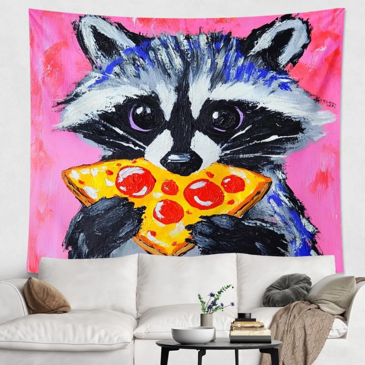 Cute Raccoon Eating Pizza Tapestry, Oil Painting Style Raccoon Wall Hanging, Aesthetic Room Decor Extra large size 180x350cm