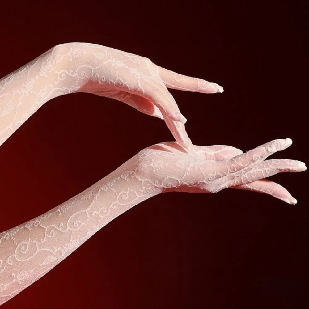 Fashion Ultra Thin Sheer Long Gloves Elastic Floral Printing Oil Shiny Gloves Sheer See Through Five-Finger Dance Gloves Party