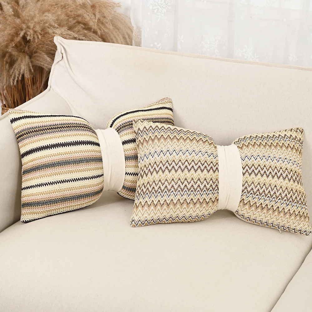 BUYNOW 1PC PP Straw Woven Bow with Strap Pillowcase Vintage Classic Living Room Sofa 12x20inch Cushion Cover Home Bedroom Decor