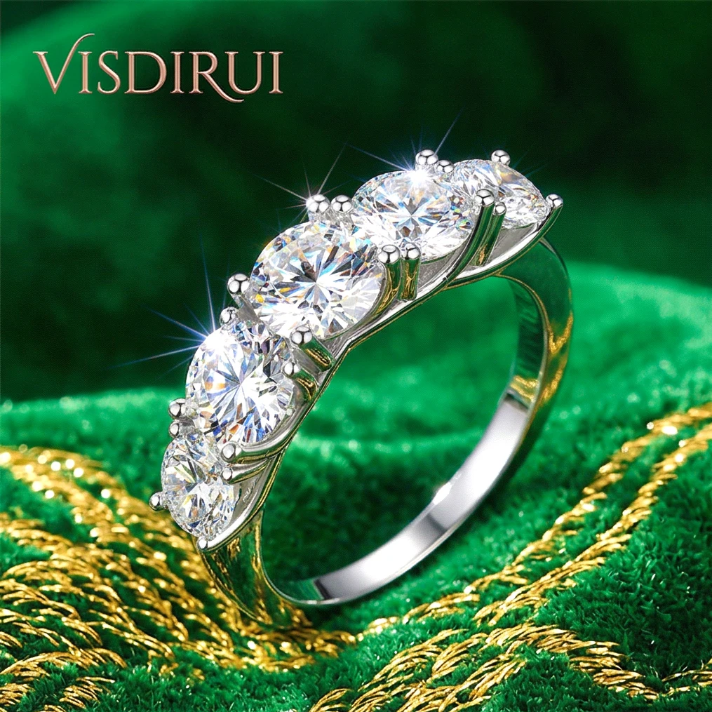 

VISDIRUI 3.6ct Five Stone Moissanite Ring for Women 0.5-1ct Stones D Color VVS1 S925 Silver Rhodium Plated Eternity Band