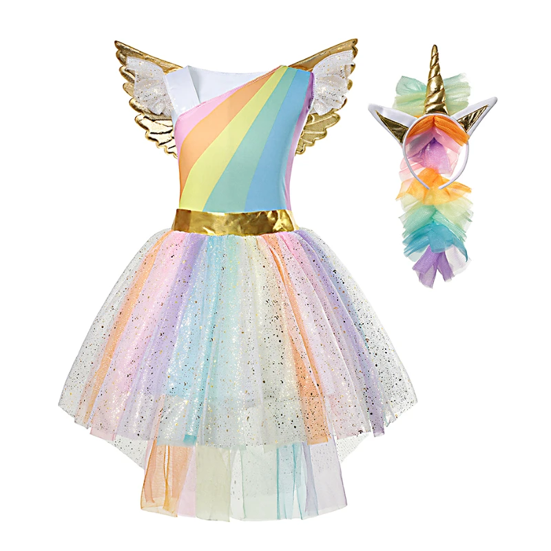 Cosplay For 3-10 Years Girls Unicorn Dress Rainbow Ball Gown Baby Princess Birthday Dresses Party Halloween Costume new 2024