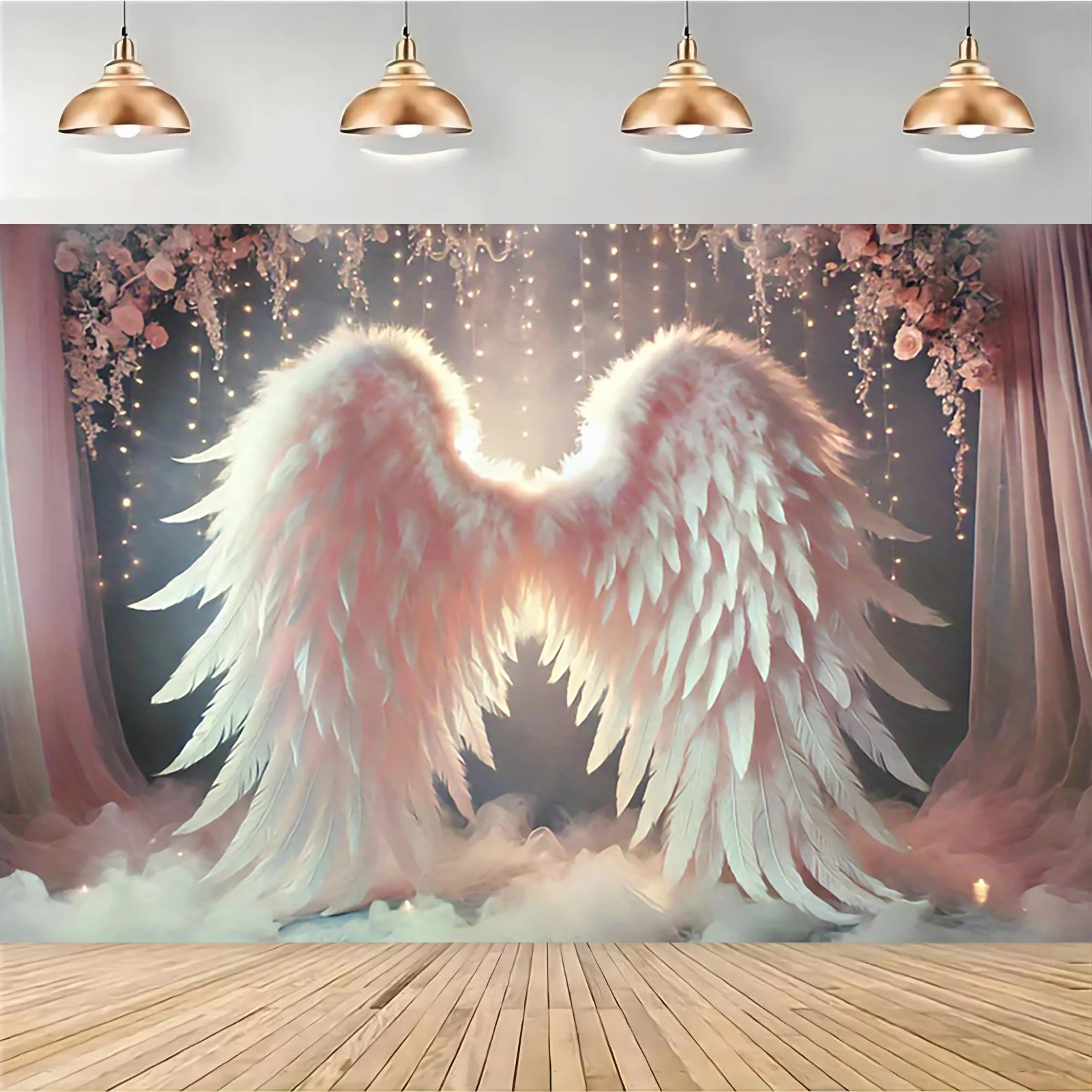نسيج تصوير أجنحة الملاك الساحرة - نسيج بوليستر أبيض ووردي، فن جداري أنيق للمناسبات ذات الطابع الشخصي وحفلات الزفاف #1
