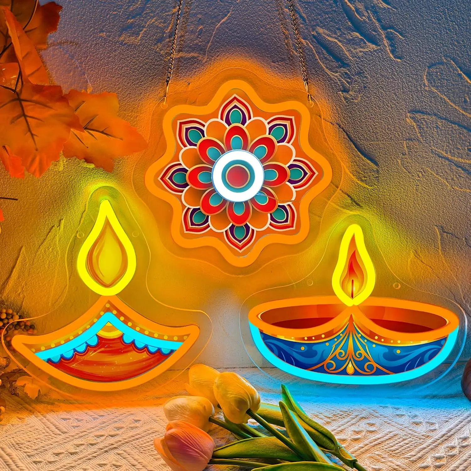 3pcs/set Diwali Mandala Diya Lamp LED Neon Sign USB Neon Light for Indian Festival Party Bedroom Home Decor Christmas Gift