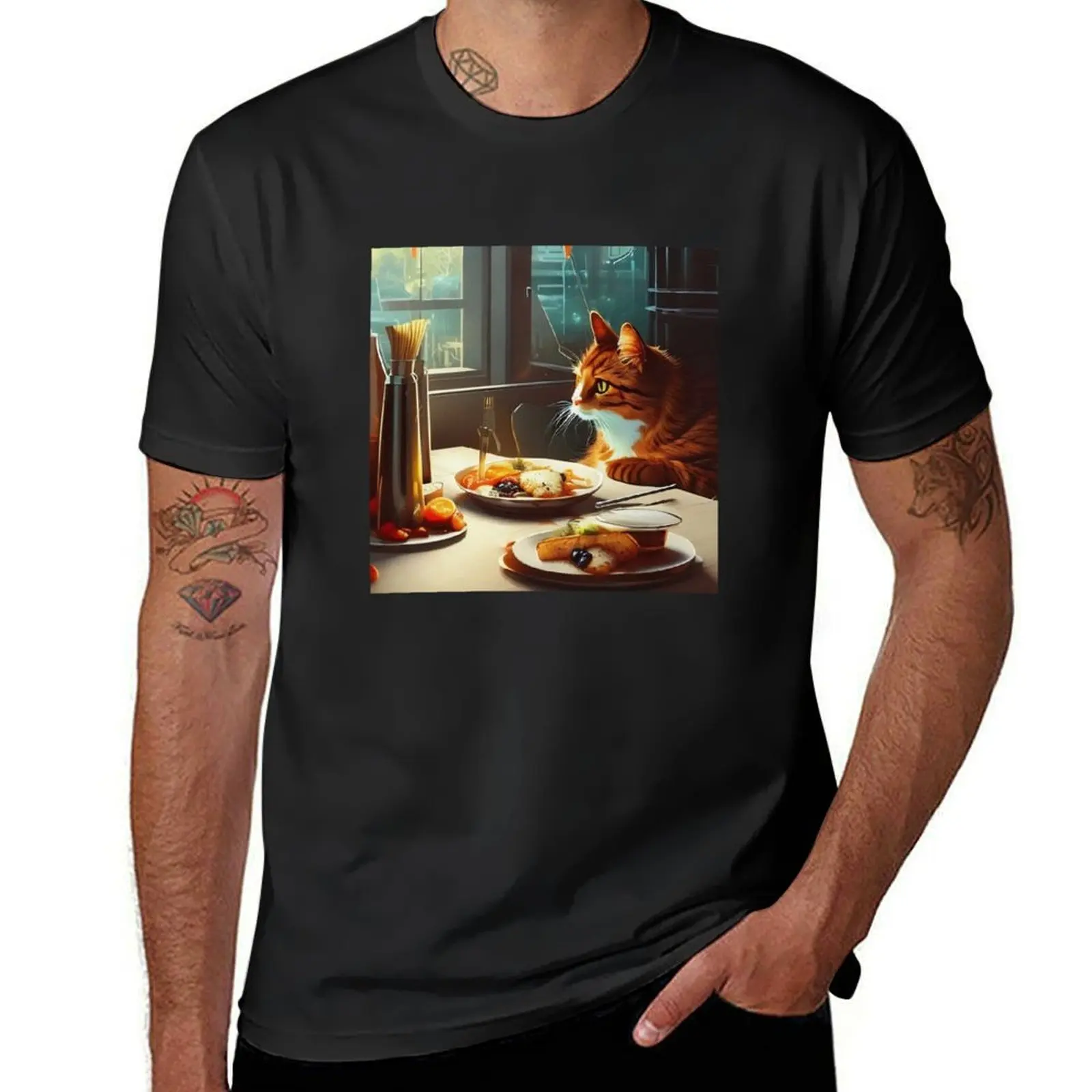 Generative AI lonely cat eating food T-Shirt Blouse summer tops plain Men's t-shirts