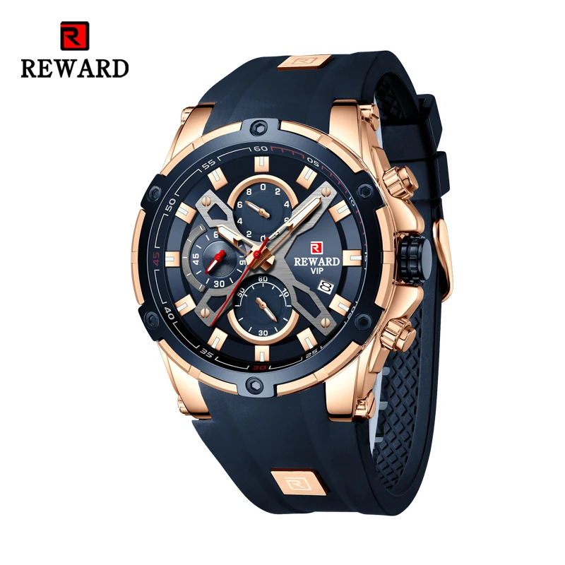 REWARD-남성용 새로운 쿼츠 시계 럭셔리 브랜드 빅 다이얼 시계 방수 스포츠 손목 시계, 실리콘 밴드 크로노 그래프 시계