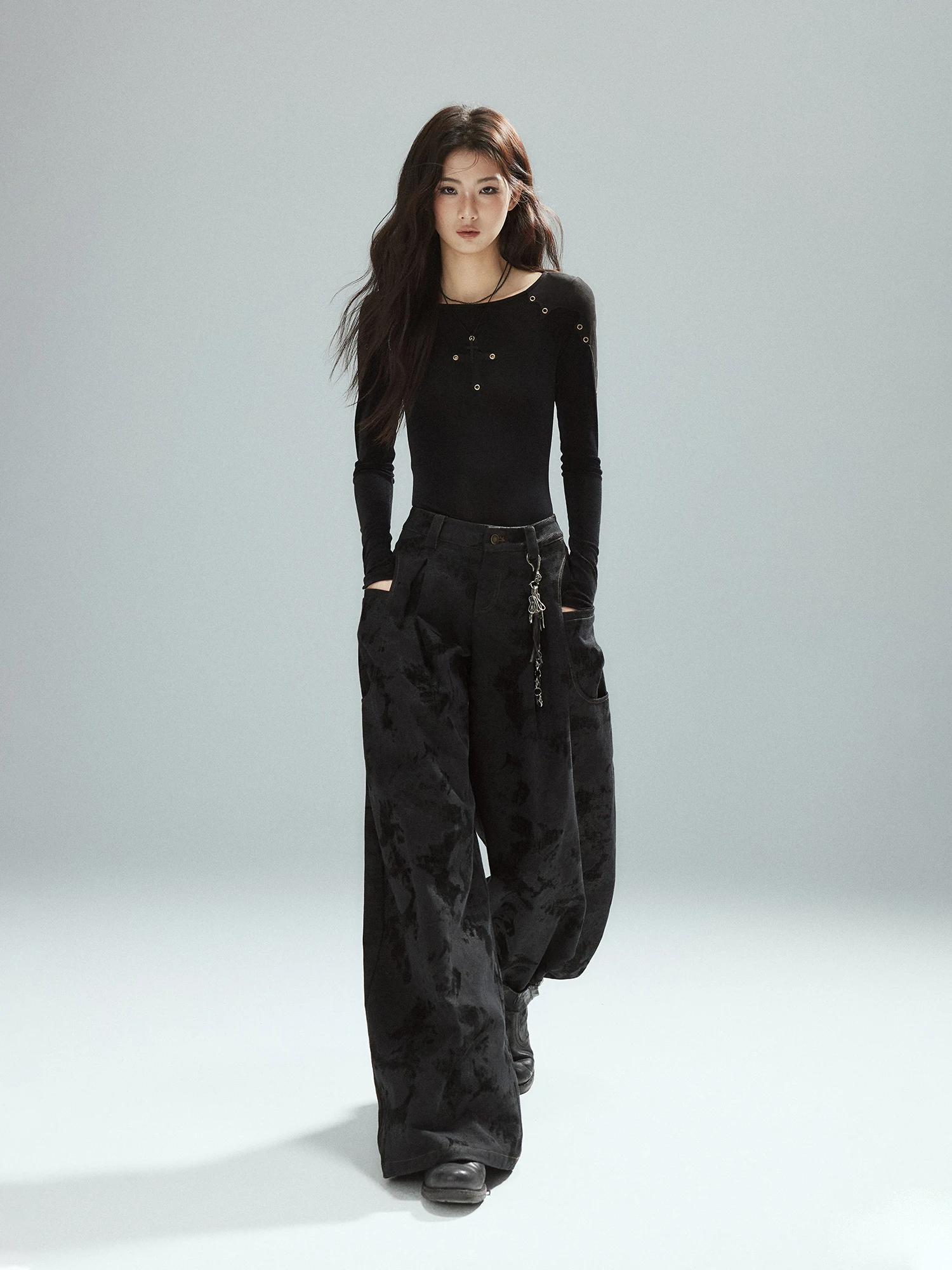 Low Pixel Irregular Splicing Long Sleeve T-Shirt Black Suede Boat Neck Slim Fit Top Casual Style Polyester Spandex Blend