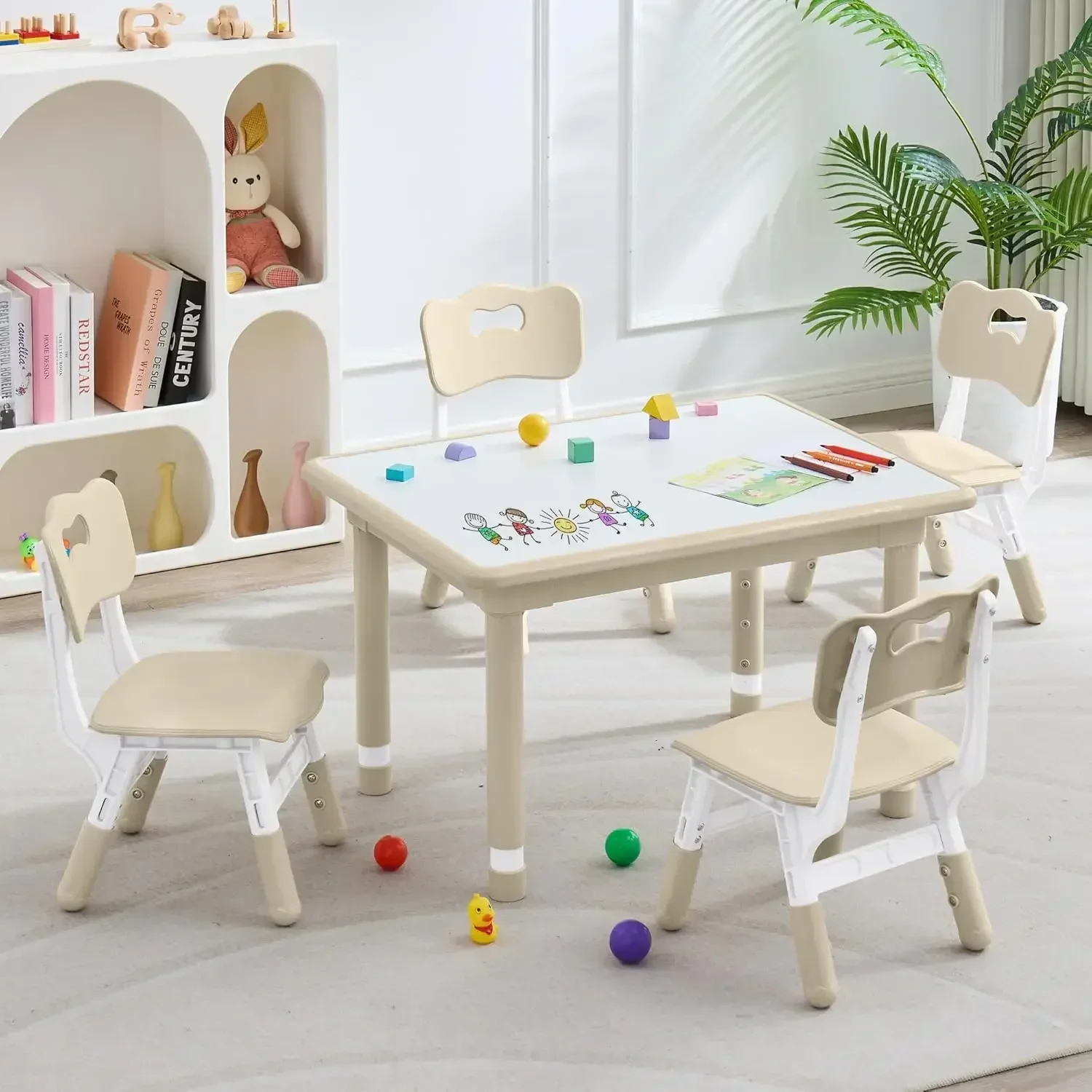 

Kids Table and 4 Chairs Set, Height Adjustable (17.7"-26.1") Toddler Table and Chair Set, Multi-Activity Table with Graffiti Des