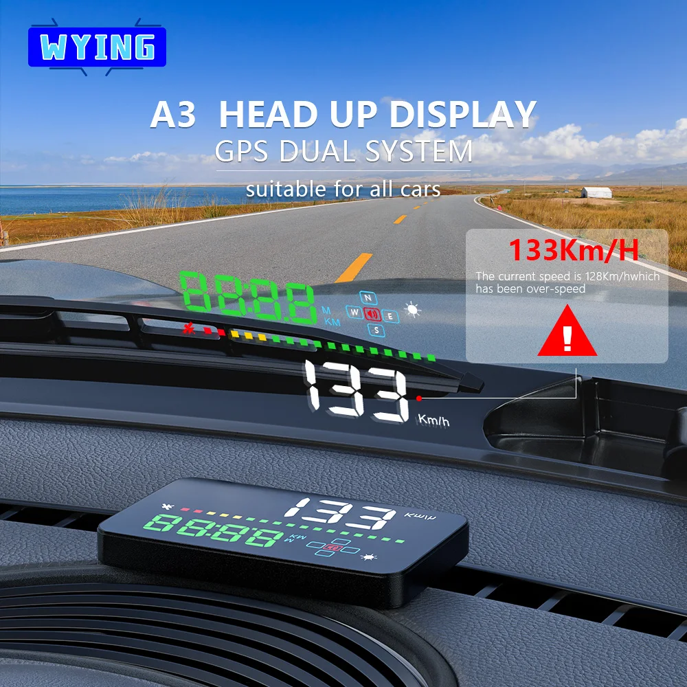 WYING A3 GPS Speed Alarm HUD Head Up Display Digital Mileage Automatic Speedometer Report Projector Fits All Cars