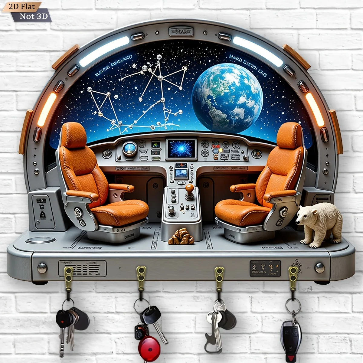 A Wooden Multifunctional Key Holder in a Space Cockpit Theme for a 2D Plane, Featuring Four Metal Hooks. It Serves As Wall