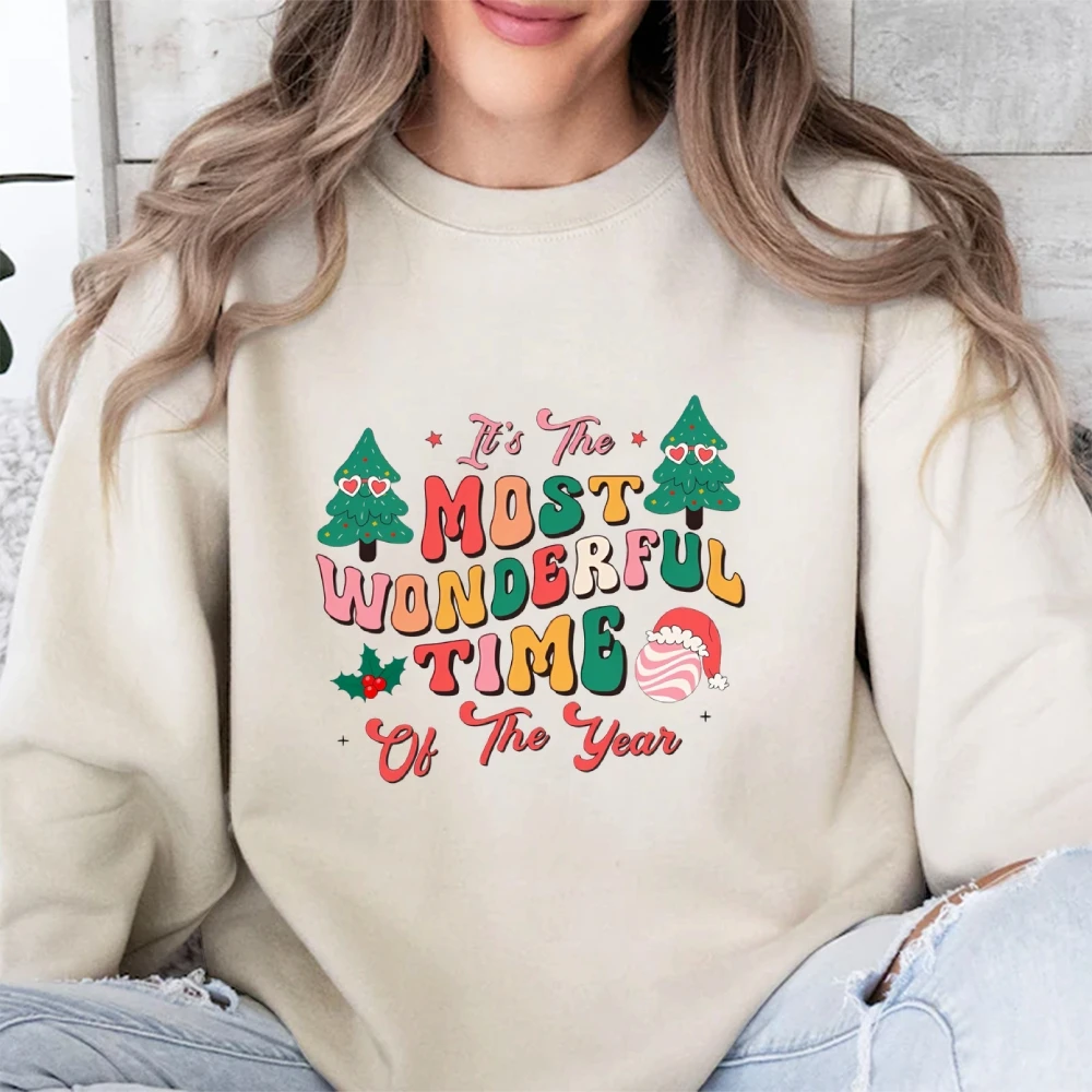 Crew Neck Women Sweater Hoodie Christmas Style Pine Snowman Chic Graphic Printing Cotton Soft Fabric New Sweatshirt