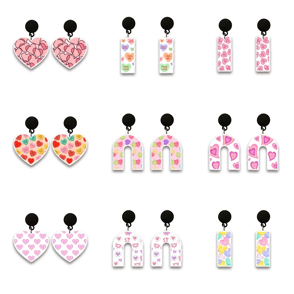 

Love Rainbow Valentine's Day Theme Print Resin Earrings Cartoon Cosplay Handcraft Acrylic Black Drop Earrings