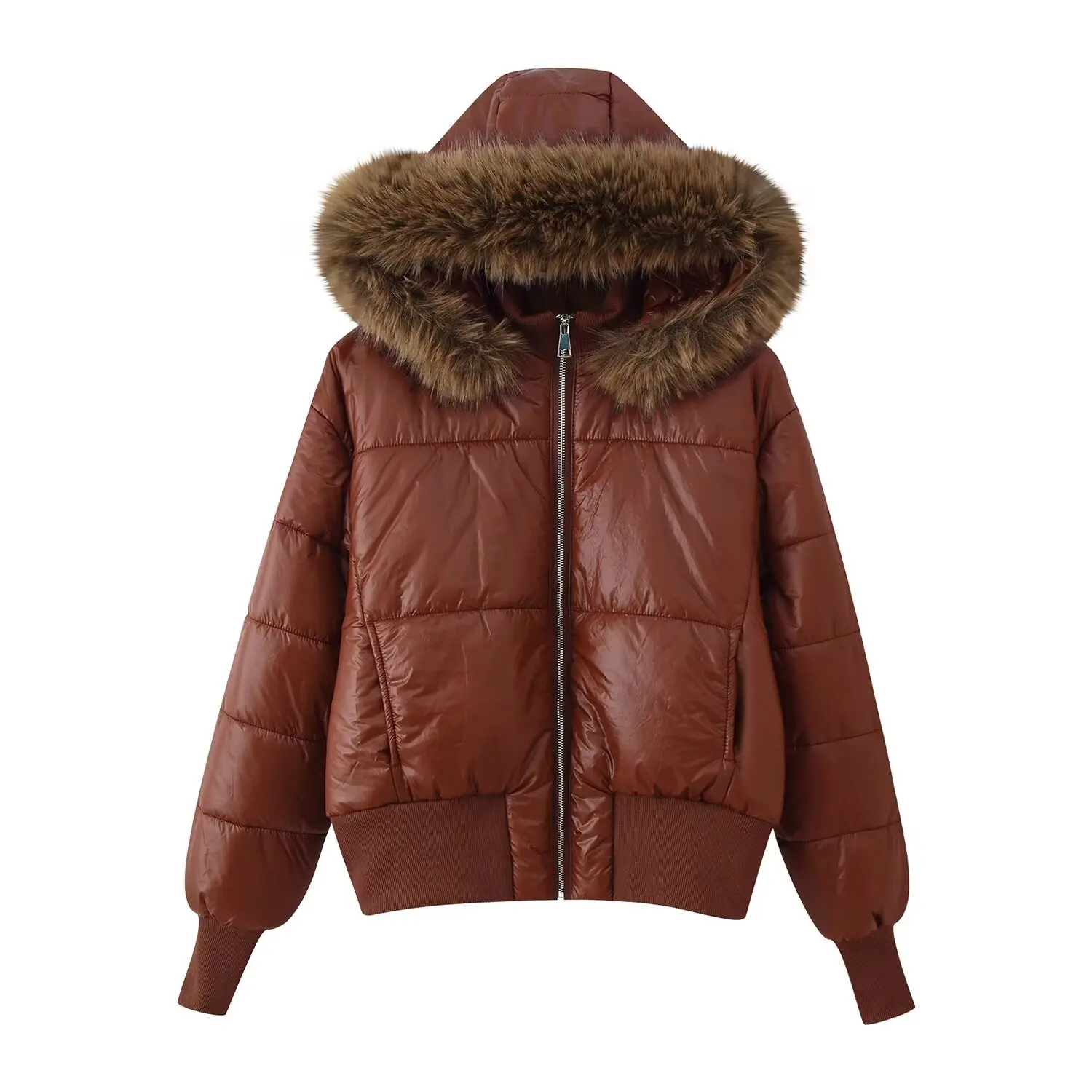 Women's Solid Color Warm Coat Winter Fashion Simple Versatile Fur Collar Hooded Cotton Jacket Zipper Pockets Loose Fit Outwear