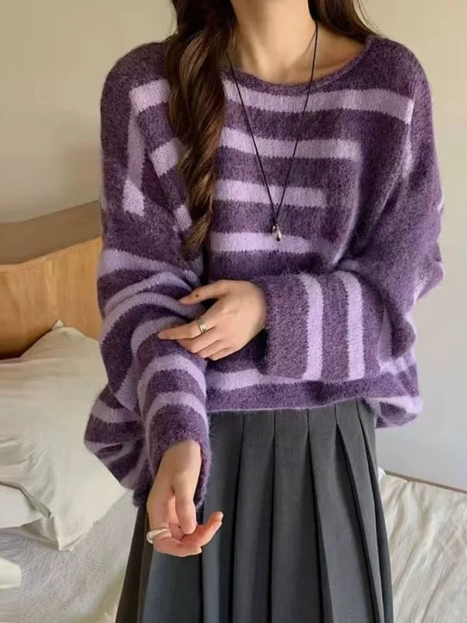 

Trendy Striped Camere Knitwear Women's Mid-Length Sweater Faionable Commute Sle Long Sve Autumn Winter Top