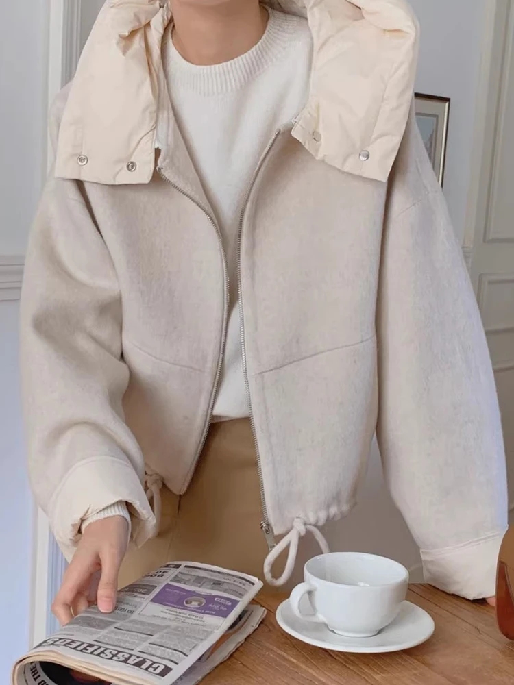 

East Gate Autumn Winter Loose Casual Hat Coat Women's Removable Rope Korean Sle Commute Thiened Long Sve Pure Color