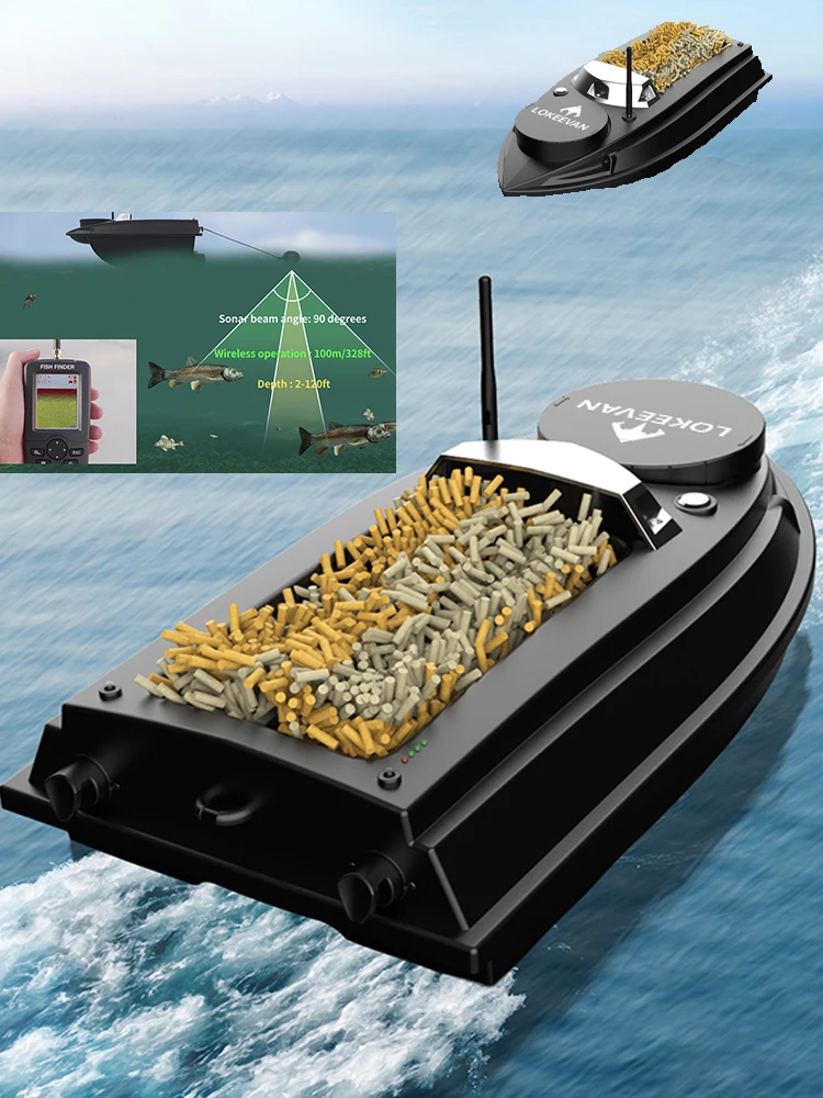 LOKEEVAN V030 GPS Köderboot mit Fischfinder, 1800m Fernbedienung, Doppelkammer 3kg Nutzlast, Ein-Tasten-Netzabwurf, Automatische Rückkehr, 180 GPS-Waypoints, 12V Hochgeschwindigkeits-Karpfenangelboot