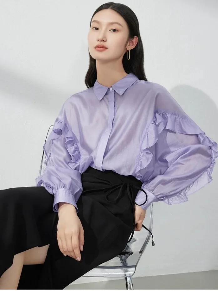 2023 Summer Fashion Lyocell Sunscreen Shirt  Autunm Women Loose Thin  Transparent Long Sleeve Ruffle silk blouse Tops 4XL 5XL