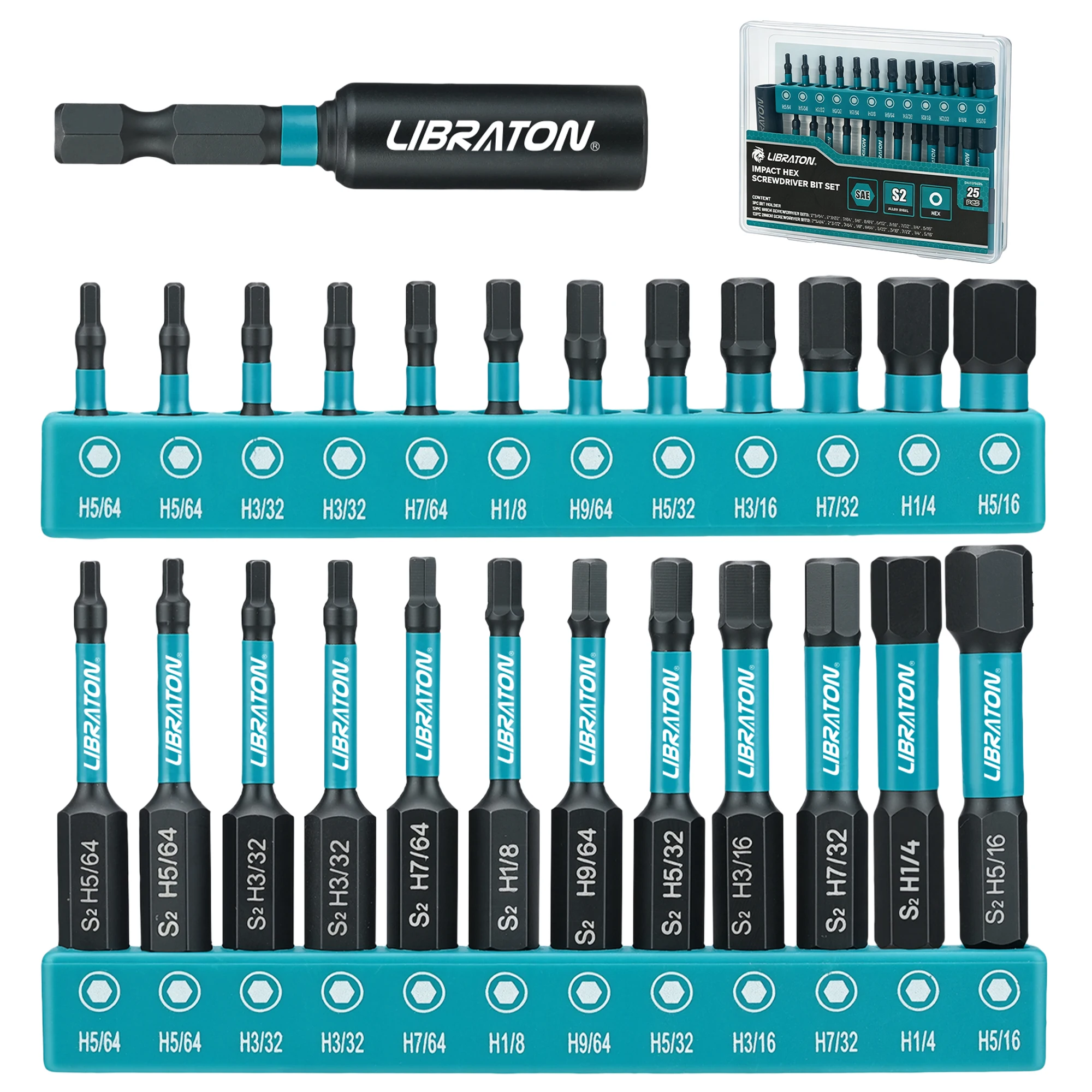 Libraton 25pcs SAE Hex Head Impact Tough Magnetic Bits Set, 1&2in S2 Steel Hex Screwdriver Bit Set with Extension Holder