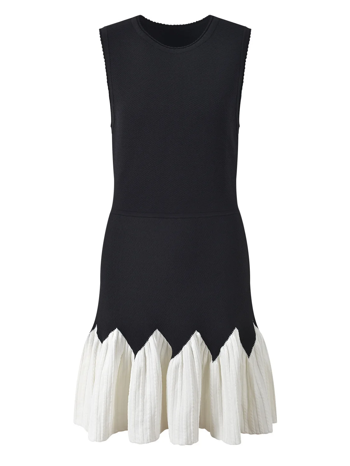 

Faionable Bla White Contrast Color Sweet Lace round Ne Svel Pleated Vest Dr Ele High Waist Knitted Dr