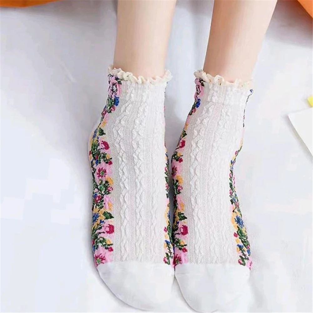 Summer Spring Ethnic Style Rose Curly Lace Cotton Short Twist Pattern Cute Fresh Japanese Retro Floral Ankle Socks Lolita Palace