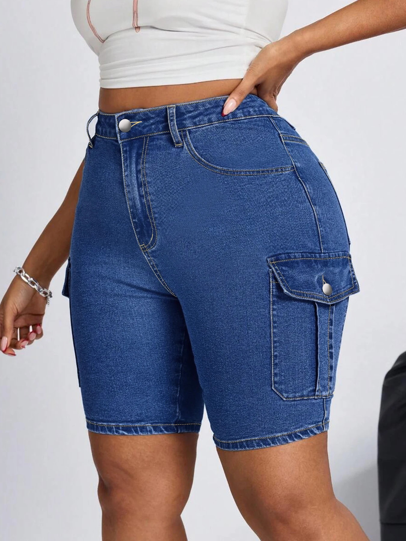 レディース ハイウエスト デニム ジーンズ ディープブルー ワークウェア マルチポケットデザイン キャンパスワークやストリートスタイルに最適