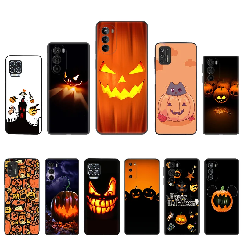 Black Soft Phone Case for Motorola G32 G50 G51 5G G60 G71 G22 G52 G72 G53 G73 G60S Moto G9 Power Color Pumpkin Halloween Cover