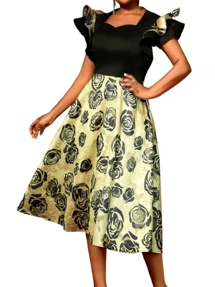 Floral Jacquard A Line Dresses with Flying Sleeves Color Block Perfect for Weddings Cocktail Parties or Elegant Dinner Events