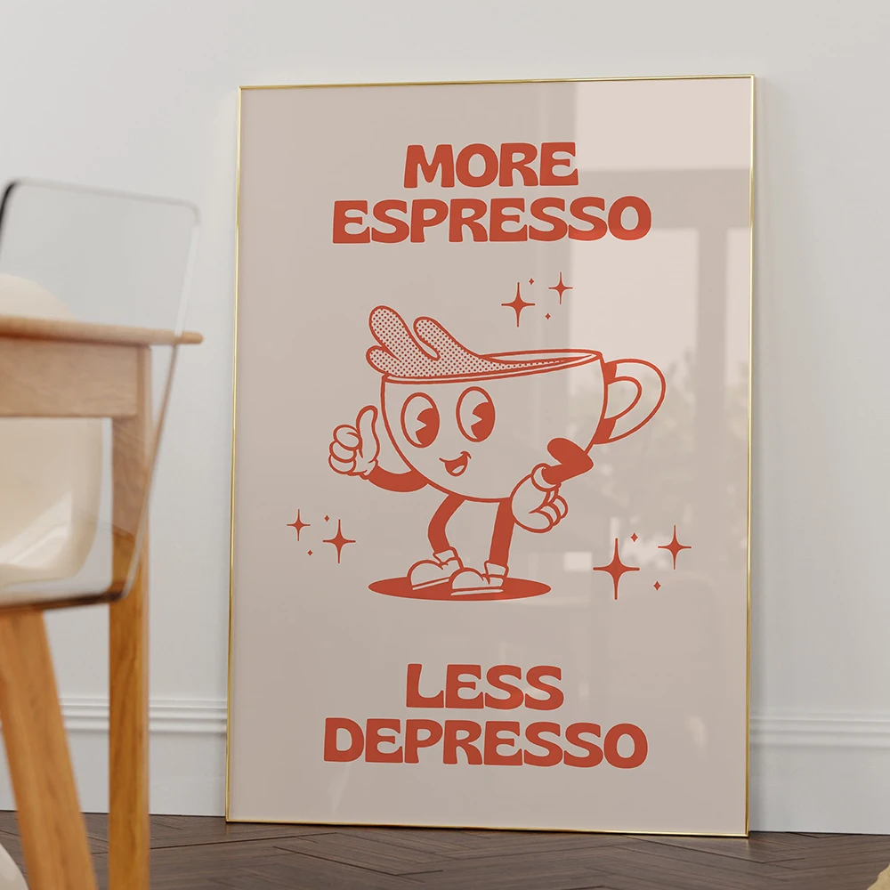 Retro Cartoo Character Coffee Canvas Painting Print Fun Kitchen Poster More Espresso Less Depresso Quotes Wall Art Picture Decor