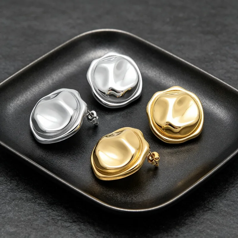 Kalen Minimalist Stainless Steel Abstract Irregular Stud Earrings Gold Silver Tone Hammered Concave Disc Studs For Women