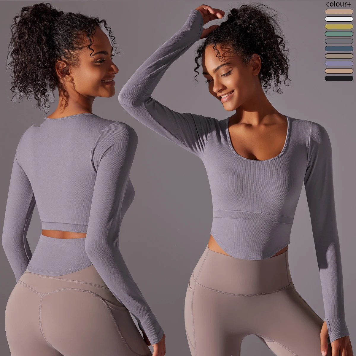 

Solid Color Nylon Yoga T-shir Gym Push Up Shockproof High Intensity Pilates Clothes Women Quick Dry Breathable Workout Clothing