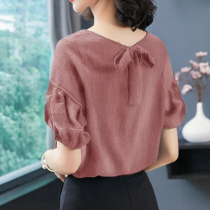 Eisse ide Kurzarm Chiffon Shirt für Frauen Sommer neue solide lose All-Match Aushöhlung Casual Tops Vintage Mode Kleidung